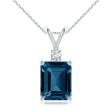 Emerald-Cut London Blue Topaz Solitaire Pendant with 14K White Gold Diamond