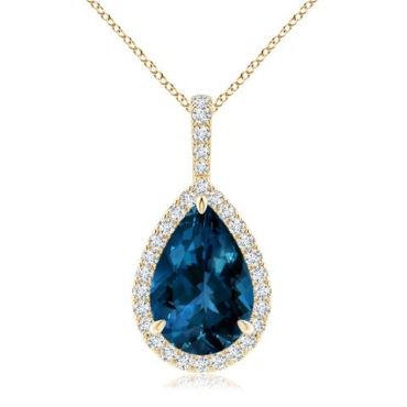 London Blue Topaz Teardrop Pendant with 14K Yellow Gold Diamond Halo