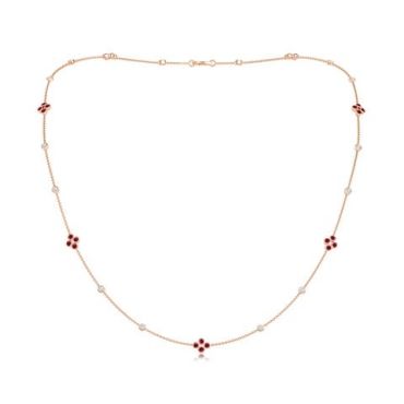 Bezel-Set Round Ruby and 14K Rose Gold Diamond Long Station Necklace