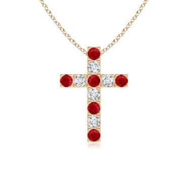 Flat Prong-Set Ruby and 14K Yellow Gold Diamond Cross Pendant