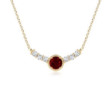 Vintage Inspired Ruby and 14K Yellow Gold Diamond Curved Bar Pendant
