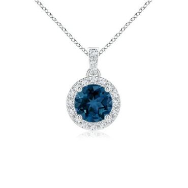 Round London Blue Topaz Dangle Pendant with Diamond Halo