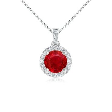 Round Ruby Dangle Pendant with 14K White Gold Diamond Halo