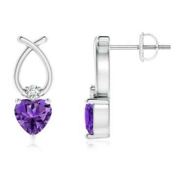 Heart Shaped Amethyst Ribbon Earrings with 18 KT Yellow Gold Diamond