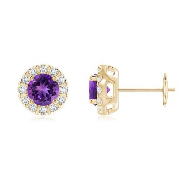 Amethyst Stud Earrings with Bar-Set Diamond 14K Yellow Gold Halo