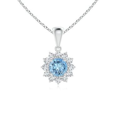 Round Aquamarine Flower Pendant with Diamond Halo