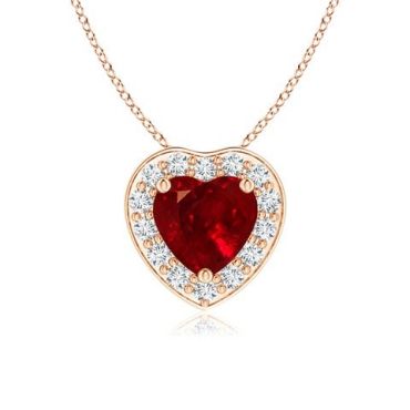 Heart-Shaped Ruby Pendant with 14K Rose Gold Diamond Halo