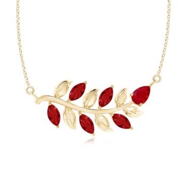 Nature Inspired Ruby Tree Branch 14K Yellow Gold Necklace