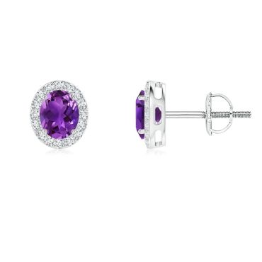 Prong-Set Oval Amethyst Stud Earrings with 14K White Gold Diamond Halo
