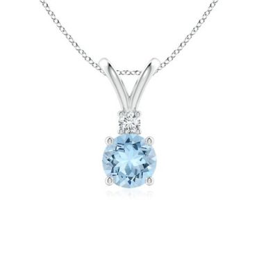 Round Aquamarine Solitaire V-Bale Pendant with 14K White Gold Diamond