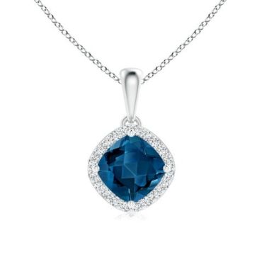 Sideways Cushion London Blue Topaz and 18K White Gold Diamond Halo Pendant