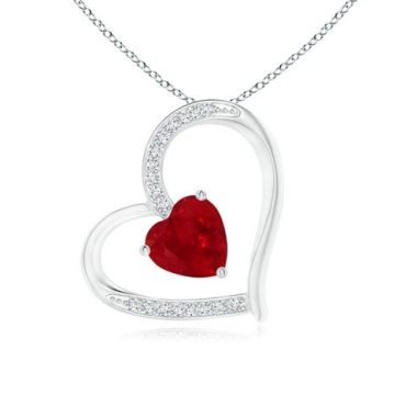 Ruby and 14K White Gold Diamond Tilted Heart Pendant