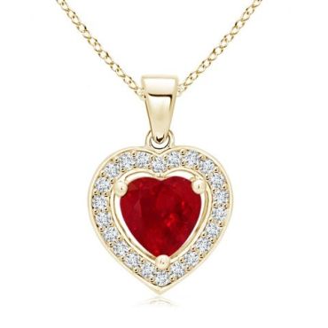 Floating Ruby Heart Pendant with 14K Yellow Gold Diamond Halo
