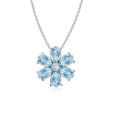 Aquamarine Flower Cluster Pendant with 14K White Gold Diamond