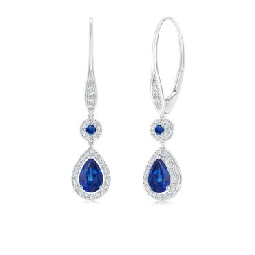 Round and Pear Sapphire 14K White Gold Halo Leverback Earrings