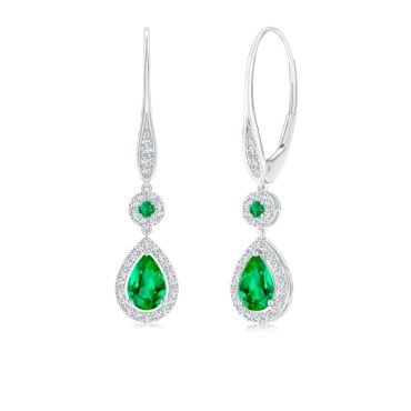 Round and Pear 14K White Gold Emerald Halo Leverback Earrings