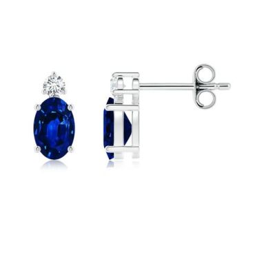 Basket-Set Oval Blue Sapphire Stud Earrings with 14K White Gold Diamond