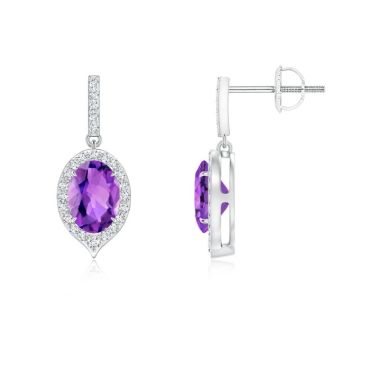 Claw-Set Oval Amethyst and Diamond Halo 14K White Gold Earrings