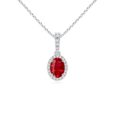 Vintage Style Oval Ruby Halo 14K White Gold Pendant
