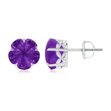 Five-Petal Flower Amethyst Solitaire 18K White Gold Studs