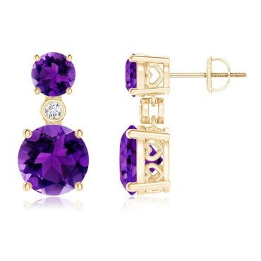 Classic Amethyst Two Stone Drop Earrings with 18 KT Yellow Gold Bezel Diamond