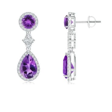 Two Tier Amethyst Drop Earrings with  14K White Gold  Diamond Halo