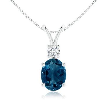 V-Bale Oval London Blue Topaz Solitaire Pendant with 14K White Gold Diamond