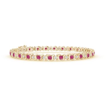 S Curl Pink Sapphire and Diamond Tennis 14 KT Yellow Gold Bracelet