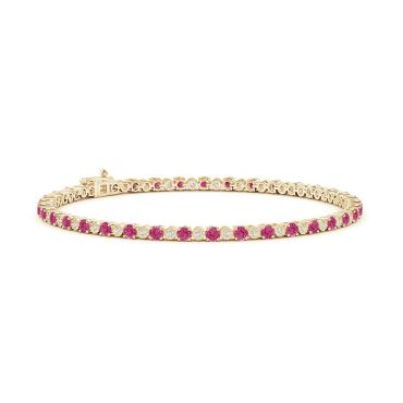 Pink Sapphire and Illusion Diamond Tennis 14 KT Yellow Gold Bracelet