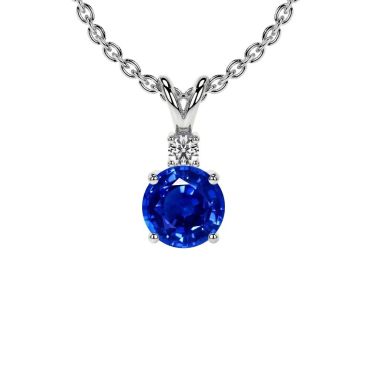 Lab Grown Blue Sapphire Round 14 KT White Gold Pendant with Diamond