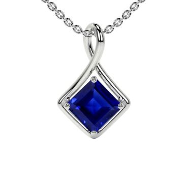 Lab Grown Blue Sapphire Square Solitaire Twist 14 KT White Gold Pendant