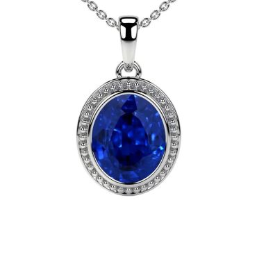 Lab Grown Blue Sapphire Bezel Set Solitaire 14 KT White Gold Pendant