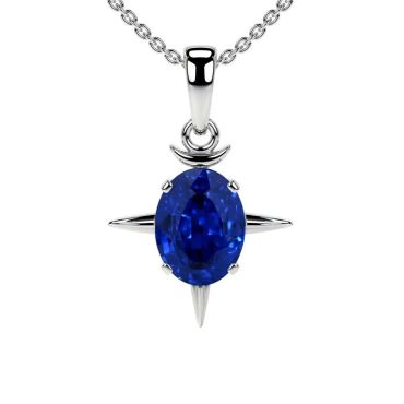 Lab Grown Oval Blue Sapphire Solitaire 14 KT White Gold Pendant