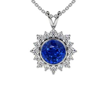 Lab Grown Blue Sapphire Prong Set Round Diamonds 14 KT White Gold Pendant