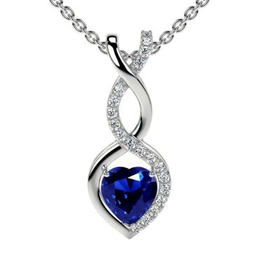 Lab Grown Blue Sapphire Heart Pendant with Round 14 KT White Gold Diamonds
