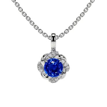 Lab Grown Blue Sapphire Round Flower 14 KT White Gold Pendant