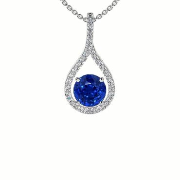 Lab Grown Blue Sapphire Round Shape Diamonds 14 KT White Gold Pendant