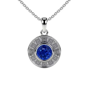 Lab Grown Blue Sapphire Astrological Bezel Set 14 KT White Gold Pendant