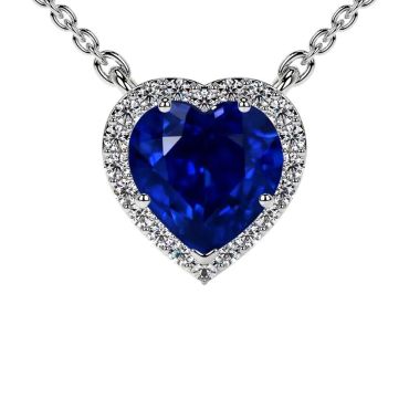 Lab Grown Blue Heart Sapphire Round Diamonds 14 KT White Gold Pendant