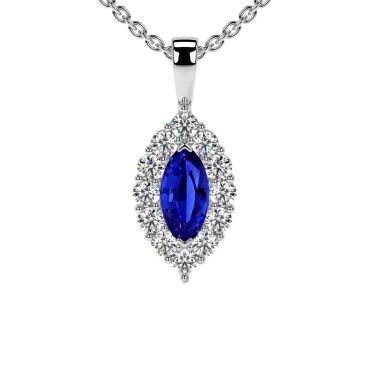 Lab Grown Blue Sapphire Marquise Halo 14 KT White Gold Pendant