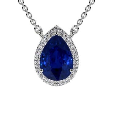 Lab Grown Pear Blue Sapphire Round Diamonds 14 KT White Gold Pendant