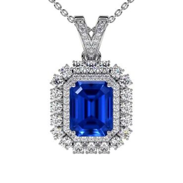 Lab Grown Round Diamonds Emerald Cut Sapphire 14 KT White Gold Pendant
