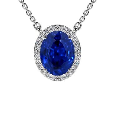 Lab Grown Oval Shape Blue Sapphire Round Diamonds 14 KT White Gold Pendant