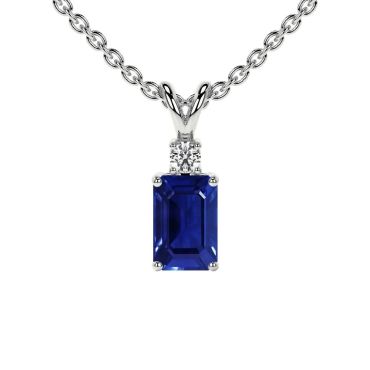 Lab Grown Blue Sapphire Emerald Cut 14 KT White Gold Pendant with Round Diamond