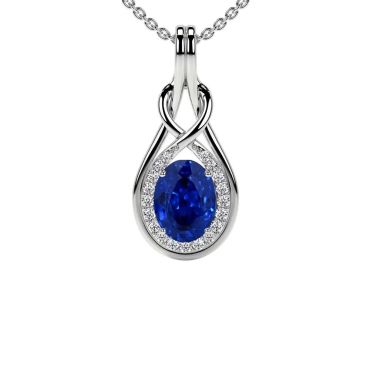 Lab Grown Oval Blue Sapphire Round Diamonds 14 KT White Gold Pendant