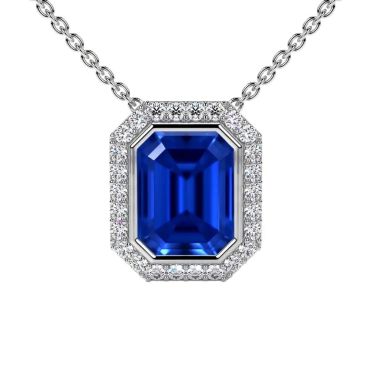 Lab Grown Emerald Cut Blue Sapphire Round Diamonds 14 KT White Gold Pendant