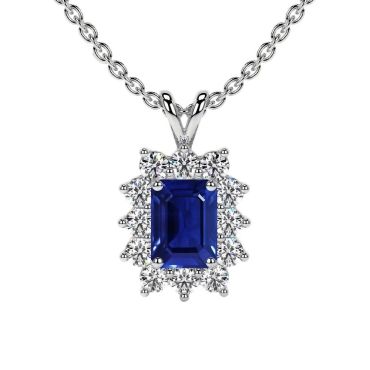 Lab Grown Blue Sapphire Emerald Cut Halo Diana 14 KT White Gold Pendant