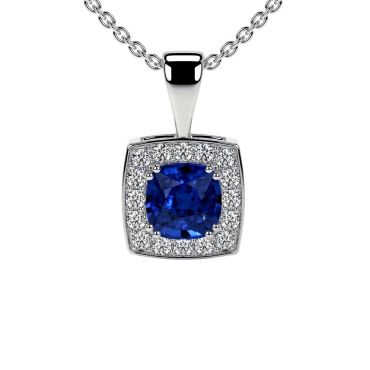 Lab Grown Blue Sapphire Square Cushion Cut 14 KT White Gold Pendant With Round Diamonds