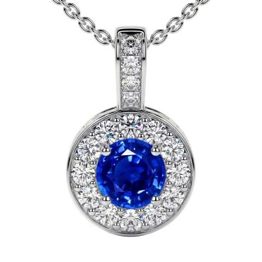 Lab Grown Blue Sapphire Round Classic Halo 14 KT White Gold Pendant