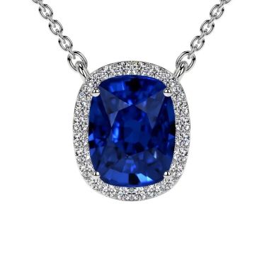 Lab Grown Cushion Blue Sapphire Round Diamonds 14 KT White Gold Pendant